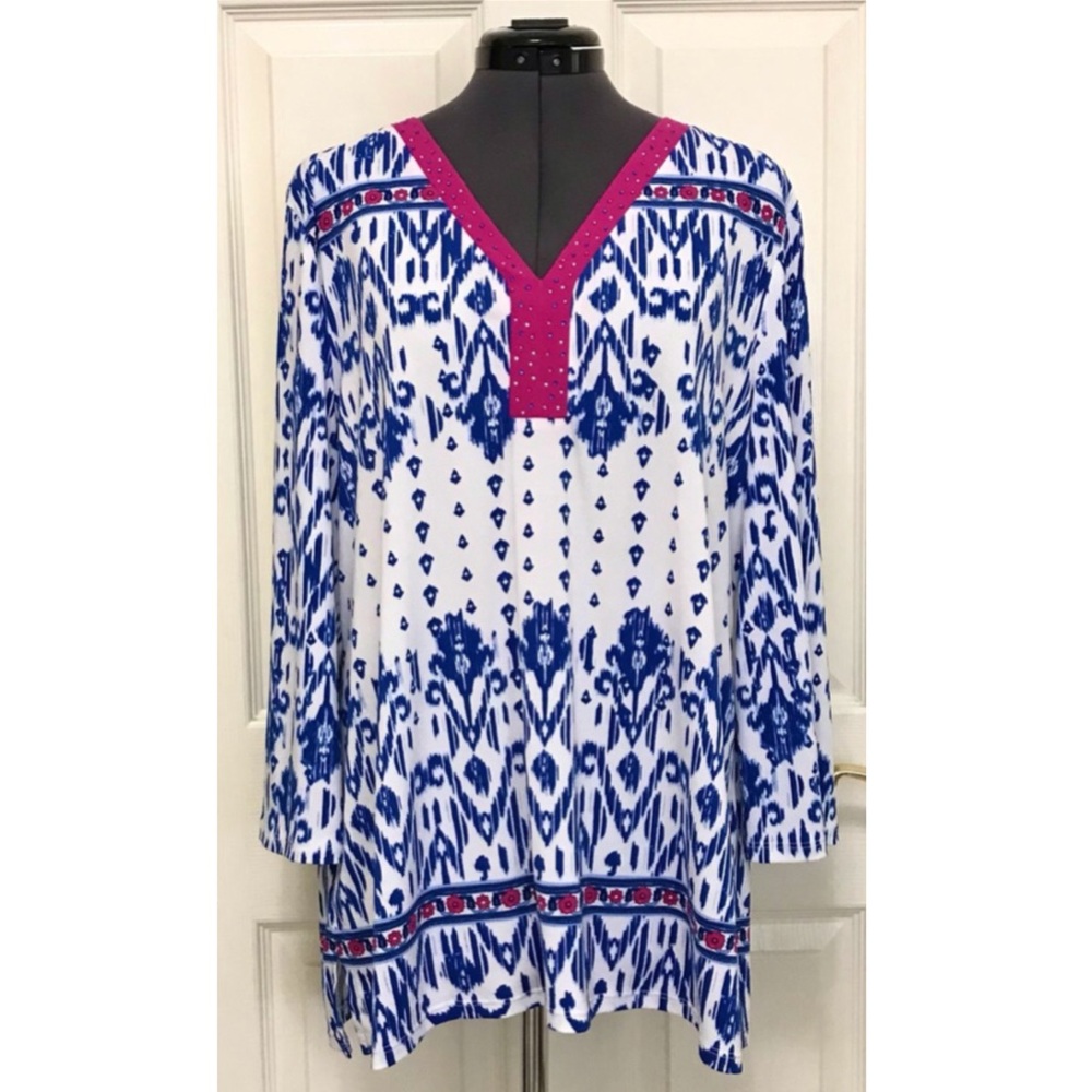 JM Collection Embellished Ikat Top - Picture 2 of 16